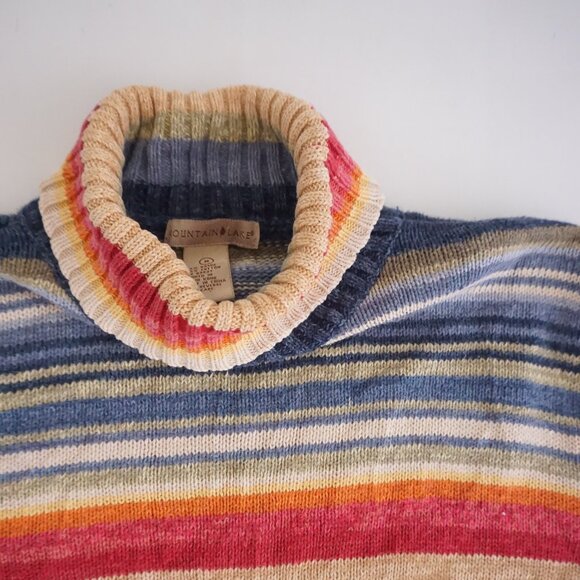 Vintage Mountain Lake Blue Cotton Sweater Striped Knit Grandmacore M - Picture 8 of 9